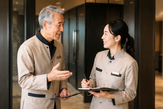 女性スタッフと男性スタッフが会話する様子