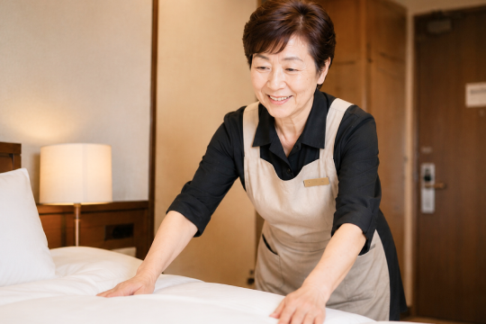 女性スタッフが丁寧にベッドメイキングする様子
